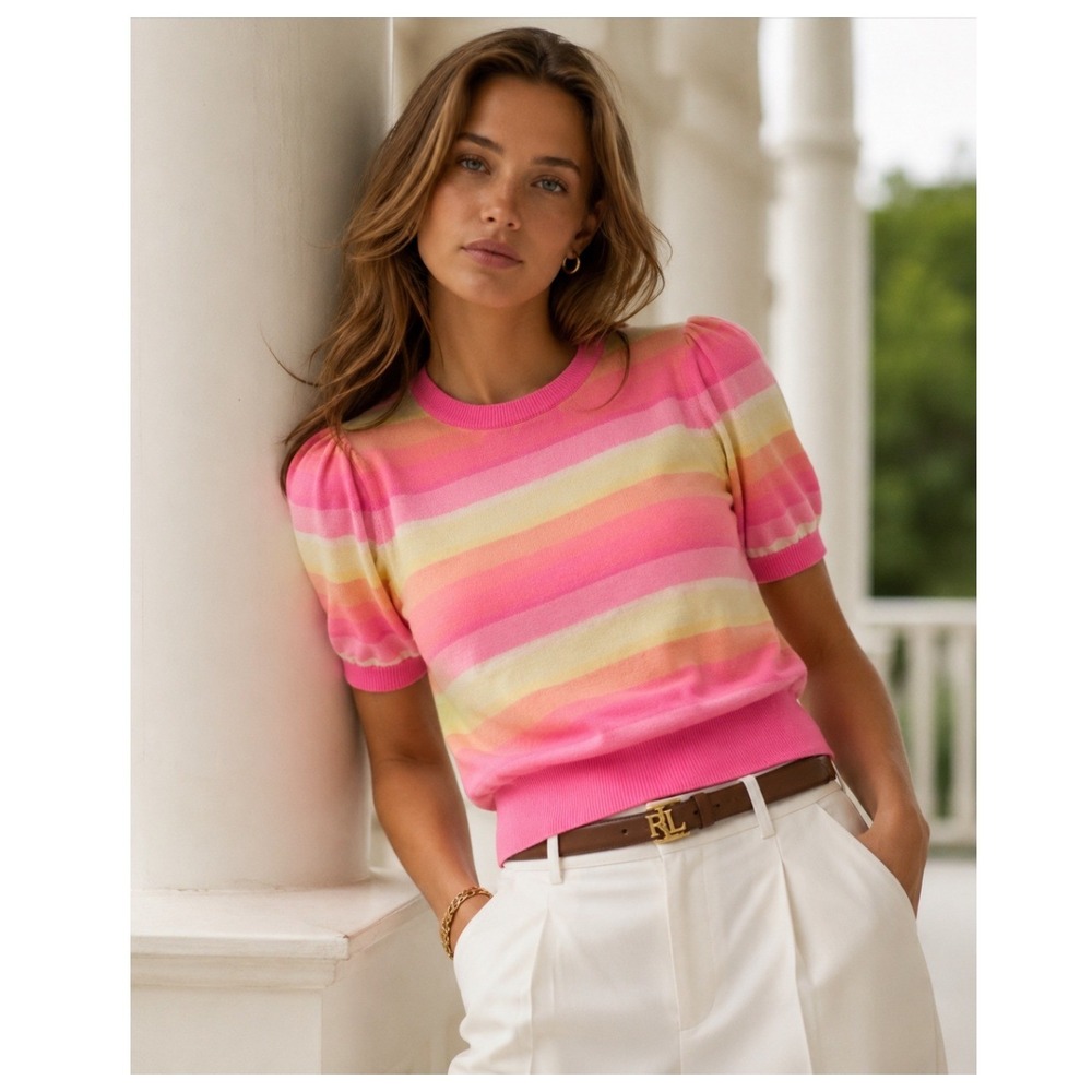 Charter Club Cashmere Sweater Large Pink Striped Puff Shoulder Colorful Bright